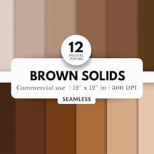May include: A digital paper set featuring twelve seamless brown solids. The image includes a variety of shades, from light beige to dark chocolate. Each paper measures 12 x 12 inches and is suitable for commercial use.