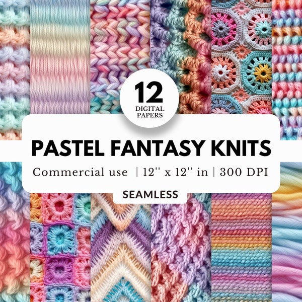 12 Pastel Fantasy Knits Digital Papers, Seamless Knitted Textures, 12x12, Colorful and Whimsical Patterns, For Tumbler Wraps, Sublimation