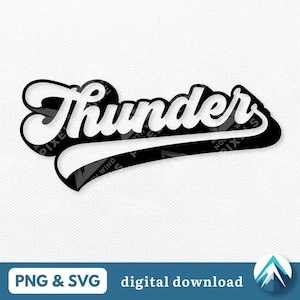 Może przedstawiać: Czarno-biały projekt graficzny słowa "Thunder" w retro stylu bejsbolowym.