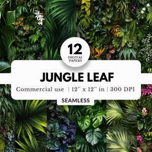 12 Dschungel Blatt Digitale Papiere, nahtlose Muster, 12x12, JPG Download, exotischer Regenwald mit Blumen, üppiger tropischer Hintergrund, zum Basteln