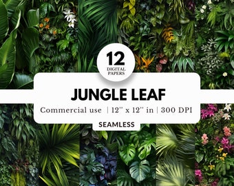 12 Jungle Leaf Digital Papers, Seamless Patterns, 12x12, JPG Download, Exotic Rainforest with Flowers, Lush Tropical Backgrounds, For Crafts