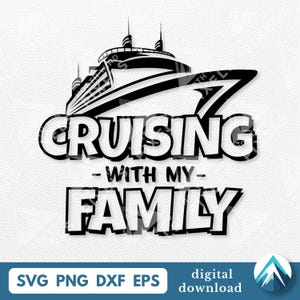 Könnte beinhalten: Schwarzweißes Grafikdesign eines Kreuzfahrtschiffs mit dem Text "Cruising with my family" in einer fetten Comic-Schrift.