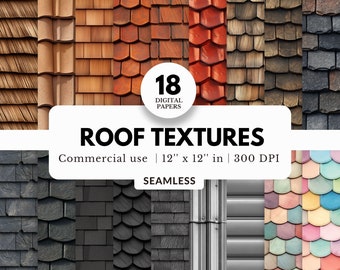 18 Roof Texture Digital Papers, Seamless Pattern, 12x12, JPG Download, Asphalt, Clay, Terracotta and Wood Shingles, For Dollhouse, Miniature