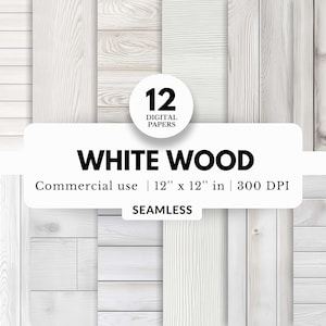 Paquete de papel digital de madera blanca de 12, patrón sin costuras, 12x12, textura de grano de madera pintada, fondo en blanco realista, traslapo, cubiertas de planificador