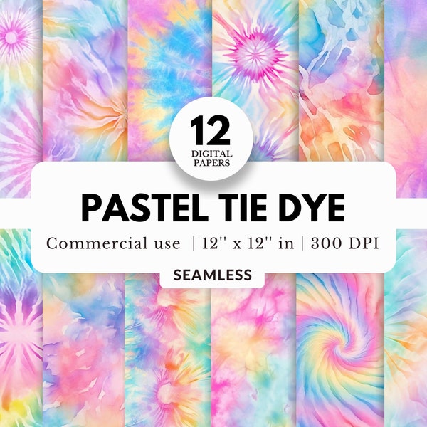 12 Pastel Tie Dye Digital Paper Bundle, Seamless Texture, 12x12, Colorful Background, Spiral Tiedye, Realistic Illustation, Festival Clipart