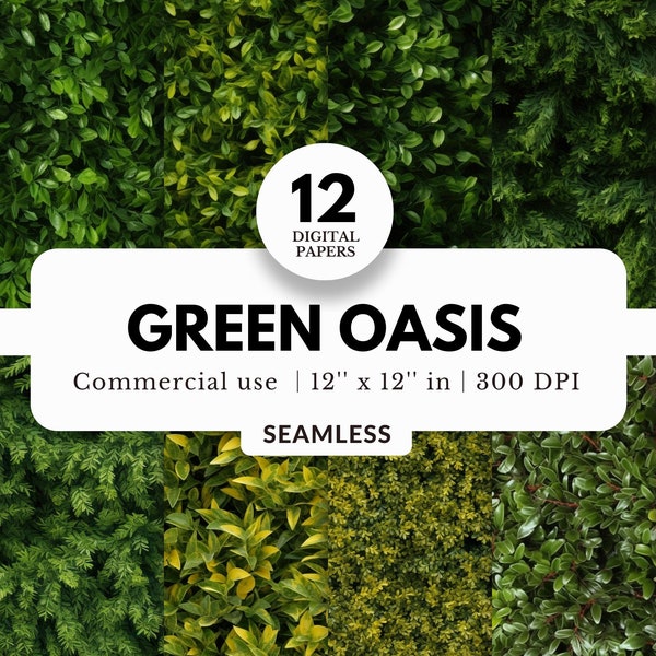 12 Green Oasis Digital Papers, Seamless Textures, 12x12, JPG Files, Greenery Backdrop, Leafy Hedge, Shrubbery and Plant Wall, Commercial Use
