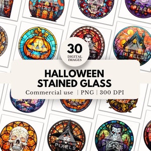 30 Stained Glass Halloween Clip Art, PNG Files, Transparent Background, Spooky Images, With Pumpkins, Haunted House, Witch, Skeleton Skulls