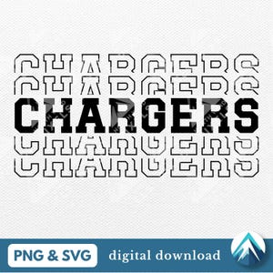 Puede incluir: Diseño gráfico en blanco y negro de la palabra "Chargers" repetida varias veces. La palabra está delineada en blanco y rellena de negro. El diseño es adecuado para su uso como descarga digital para proyectos de manualidades.