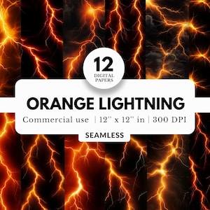Puede incluir: Doce papeles digitales con un patrón sin costuras de rayos naranjas sobre un fondo negro. Los papeles miden 30,5 cm x 30,5 cm y 300 DPI.