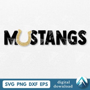 ムスタングス・ウィズ・ホースシュー デジタルダウンロード、SVG PNG DXF EPS、透明、大きな太字、学校スポーツチームリーグ用、Tシャツ、転写