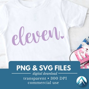 11 歳の誕生日の数字、デジタル ダウンロード、PNG および SVG ファイル、透明、かわいい小さなハート、薄紫、筆記体、11 歳の誕生日、11 歳