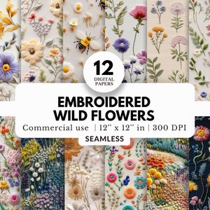 12 gestickte Wildblumen digitale Papiere, nahtlose Muster, 12x12, JPG, handgenäht, kleine, hübsche, zierliche Blümchen, für DIY-Karte oder Vorlage