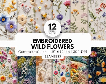 12 Embroidered Wildflowers Digital Papers, Seamless Patterns, 12x12, JPG, Hand Stitched, Small Pretty Dainty Florals, For DIY Card, Template