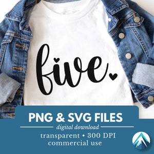 Numéro cinq anniversaire, téléchargement numérique, fichiers PNG SVG, fond Transparent, petits coeurs, cursive, Clipart J'ai cinq ans, j'ai 5 ans
