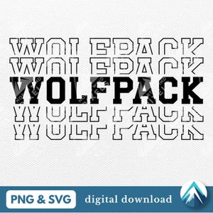 Może przedstawiać: Cyfrowy projekt graficzny z napisem "WOLFPACK" pogrubioną, czarną czcionką, powtórzonym kilka razy. Projekt zawiera tekst "PNG & SVG" i "pobieranie cyfrowe" w niebieskim banerze na dole.