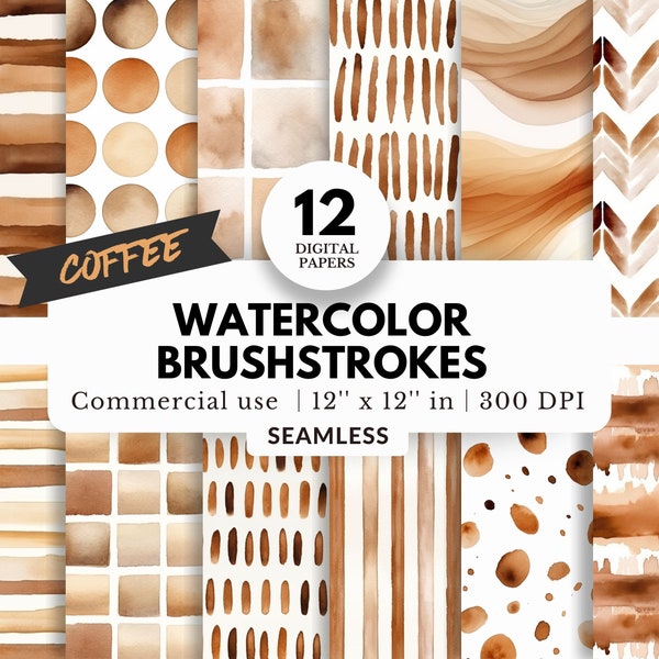 12 Coffee Brown Watercolor Brushstrokes Digital Papers Bundle, Seamless Patterns, 12x12, JPG, Coffee Stain Background, Planner Cover, Prints