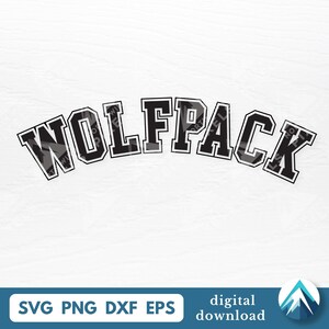 Pode incluir: Um design digital com a palavra "WOLFPACK" em uma fonte arrojada e arqueada. As letras são pretas com contorno branco e preenchimento de padrão de camuflagem cinza. Abaixo, o design inclui opções de tipo de arquivo: SVG, PNG, DXF, EPS.