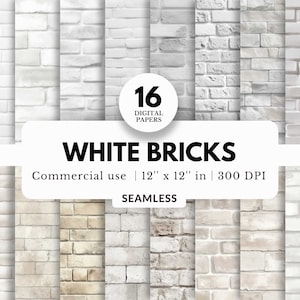 May include: A set of 16 digital papers featuring seamless white brick textures. Each paper is 12 inches by 12 inches and 300 DPI.  The papers are for commercial use.