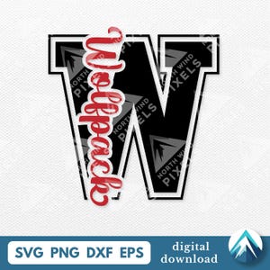 Pode incluir: Um gráfico a preto e branco da letra "W" com a palavra "Wolfpack" em escrita vermelha. A imagem inclui o texto "SVG PNG DXF EPS" e "download digital".