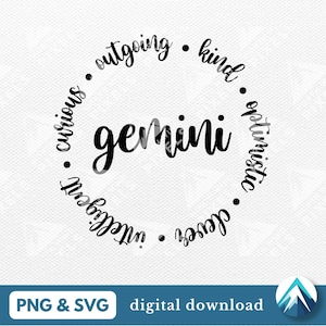 Könnte beinhalten: Schwarzweißes Grafikdesign mit dem Wort "gemini" in der Mitte eines Kreises. Die Wörter "neugierig", "ausgehender", "freundlich", "optimistisch", "klug" und "intelligent" sind um den Kreis herum angeordnet.