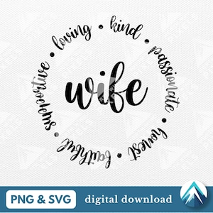 Wife Traits Digital Download, arquivos PNG e SVG, Forma de círculo redondo, Fundo transparente, Escrita cursiva, Para camisas, canecas, impressões