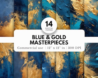 14 Dark Blue and Gold Masterpieces Digital Papers, 12x12, Thick Oil Paint Texture, Pretty Pattern Images, Fine Wall Art, Luxury Background