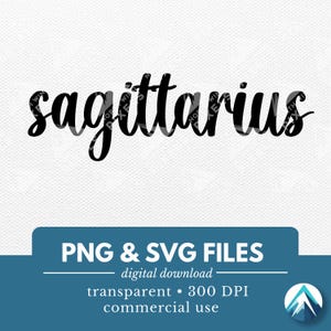 Puede incluir: Descarga digital en blanco y negro de la palabra "Sagitario" en una fuente manuscrita. El texto está sobre un fondo blanco con una pancarta azul en la parte inferior que dice "ARCHIVOS PNG & SVG, descarga digital, transparente, 300 DPI, uso comercial".