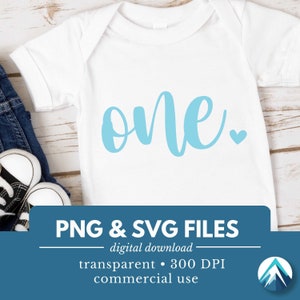 Número de um aniversário, download digital, arquivo PNG e SVG, coração pequeno fofo, azul-bebê, fonte cursiva, 1º aniversário, 1 ano de idade, para camisetas