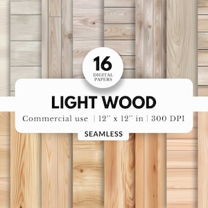 16 Paquete de papel digital de madera clara, texturas sin costuras, 12x12, grano de madera suave y delicado, madera contrachapada realista, boho rústico desgastado, impresiones de álbumes de recortes