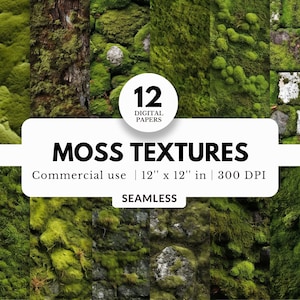 12 Moss Texture Digital Papers, Seamless Pattern, 12x12, Lush Forest Floor, Natural Art Print, Organic Earthy Tone, For Sublimation, Terrain