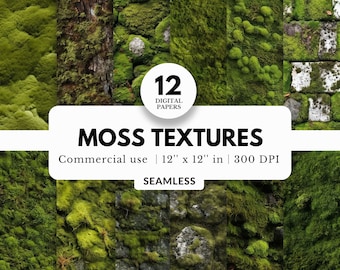 12 Moss Texture Digital Papers, Seamless Pattern, 12x12, Lush Forest Floor, Natural Art Print, Organic Earthy Tone, For Sublimation, Terrain