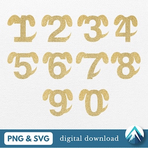 Puede incluir: Números del 1 al 10 de purpurina dorada con un diseño de oreja de perro. Los números están en una fuente cursiva.