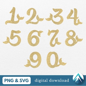 Puede incluir: Números de 1 a 10 de purpurina dorada con un diseño de cola de sirena. Cada número tiene un acabado de purpurina dorada y una cola con un diseño de espiral. Los números están aislados sobre un fondo blanco.