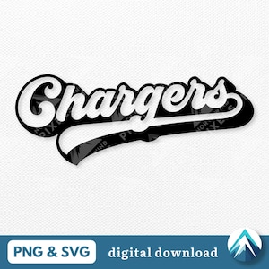 スポーティ・チャージャーズ デジタルダウンロード、PNG および SVG、透明、影付きレトロ野球スタイル、学校のスポーツチーム向け、マスコットデカール