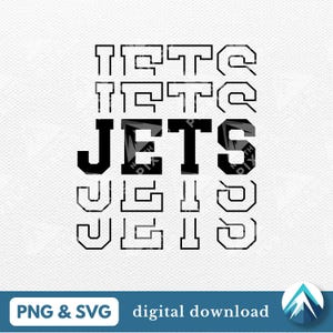 Jets Digital ダウンロード、PNG および SVG ファイル、透明な背景、アウトラインがかすれたスタックされた大学バーシティフォント、学校のスポーツチーム向け