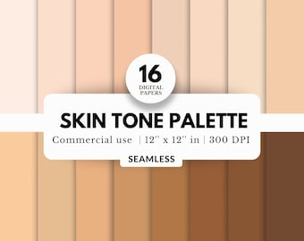 16 Skin Tone Palette Digital Paper Bundle, Solid Colors, 12x12, JPG Download, Light and Dark Skin Human, Opaque, Scrapbook Backgrounds