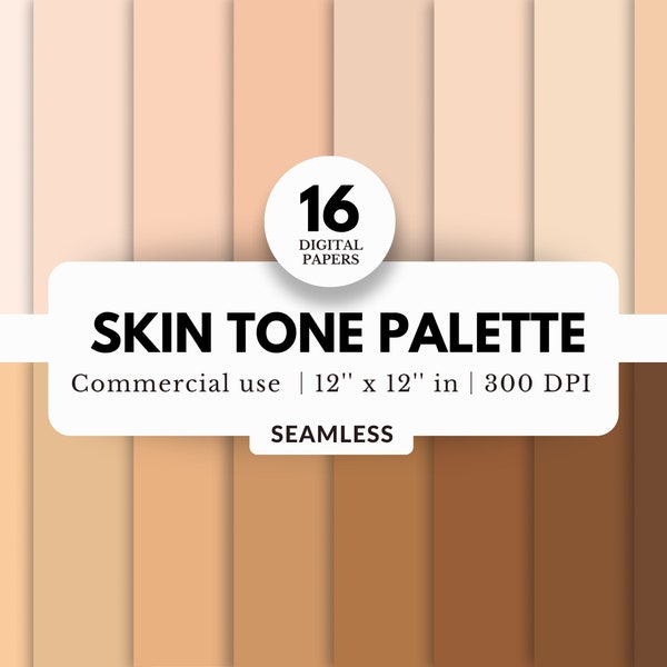 16 Skin Tone Palette Digital Paper Bundle, Solid Colors, 12x12, JPG Download, Light and Dark Skin Human, Opaque, Scrapbook Backgrounds