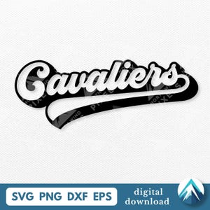 Może przedstawiać: Czarno-biały projekt graficzny słowa "Cavaliers" w czcionce skryptowej. Słowo jest obrysowane na czarno z białym wypełnieniem, a zakrzywiony ogon rozciąga się od końca słowa. Obraz zawiera również informacje o typie pliku i słowa "pobieranie cyfrowe".