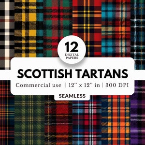 12 Schottische Tartans Digitales Papier Bündel, Nahtloses Muster, 12x12, JPG Download, Realistische Wollstoff Texturen, Scotland, Dekoratives Plaid