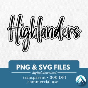 ハイランダーズ デジタル ダウンロード、PNG および SVG ファイル、透明な背景、グラフィティ文字、スポーツ用、ダンス チーム T シャツ、学校のマスコット