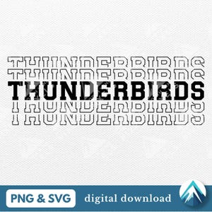 Puede incluir: Diseño gráfico en blanco y negro de la palabra "THUNDERBIRDS" repetida cinco veces, con la palabra del medio en negrita y en una fuente más grande.