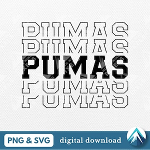 Pumas digital nedladdning, PNG- och SVG-filer, clipart med transparent bakgrund, staplat college-teckensnitt med uttoning, digitalt konstverk