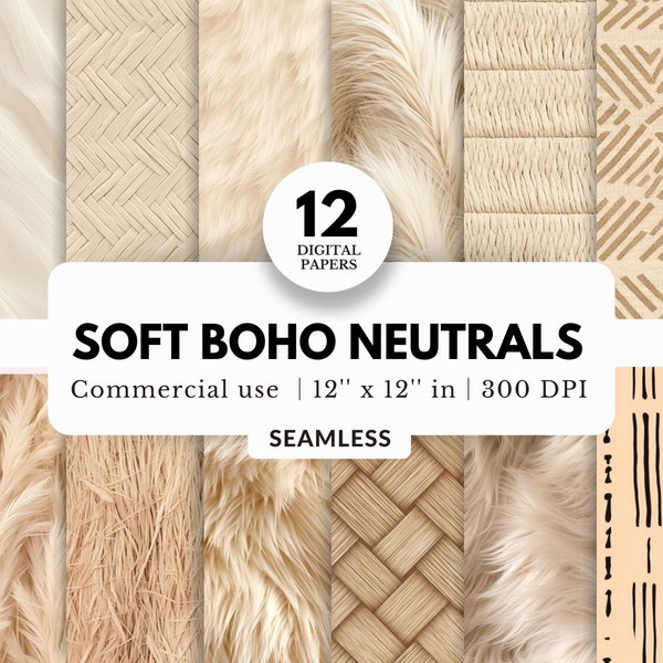 12 Soft Boho Neutral Digital Paper, Seamless Textures, 12x12, JPG Files for Download, For Wedding Invitations, Tumbler Wraps, Phone Cases