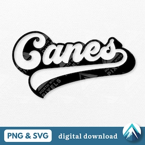 Może przedstawiać: Czarno-biały projekt graficzny słowa "Canes" w retro stylu bejsbolowym. Słowo jest wygięte nad zakrzywioną linią w czarno-białe paski.