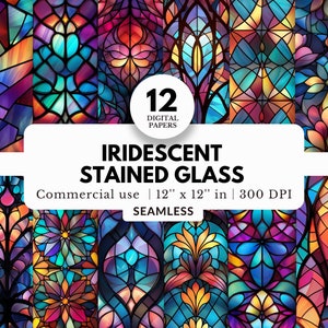12 Iridescent Stained Glass Digital Papers, Tileable Pattern, JPG Download, Geometric Mosaic Print, Abstract Fractal, Tumbler Sublimation