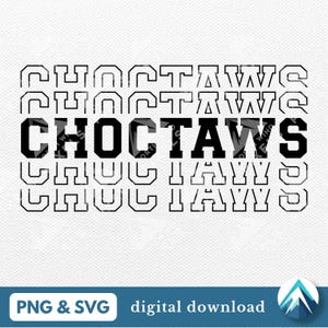 Puede incluir: Diseño gráfico en blanco y negro con el texto "Choctaws" repetido varias veces en un patrón apilado.