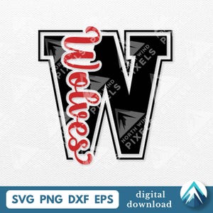 Puede incluir: Una letra "W" en blanco y negro con la palabra "Wolves" en escritura roja superpuesta. La imagen incluye el texto "SVG PNG DXF EPS" y "descarga digital". El diseño tiene un patrón geométrico.
