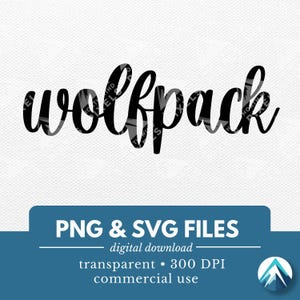 Pode incluir: Texto preto em script que diz "wolfpack" sobre um fundo branco. Abaixo, um retângulo azul com as palavras "PNG & SVG FILES" e outros detalhes sobre o download digital.