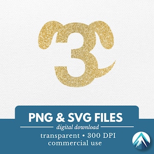 3 Números de aniversário de filhotes, arquivo PNG e SVG, download digital, orelhas de cachorro caídas, rabinho, 3º aniversário, para enfeites de bolo, placas, camisetas