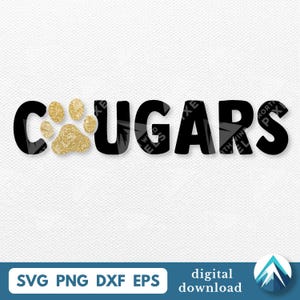 Cougars met pootafdruk digitale download, Svg Png Dxf Eps, transparant, grote vette letters, voor school sportteam League, T-shirt, transfers